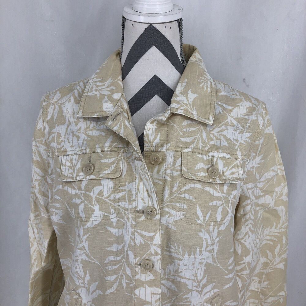 Croft & Barrow Beige Floral Button Front Linen Blend Blouse Jacket Medium